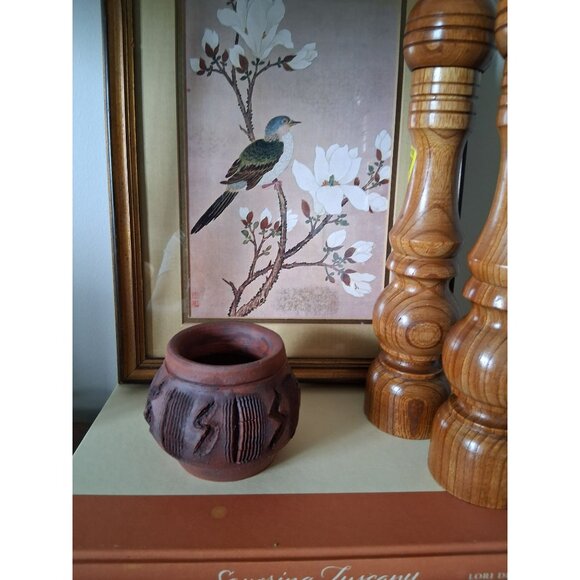 Vintage Handcrafted Terracotta Pot With Embossed Tribal Patterns Rustic Finish - Picture 4 of 8